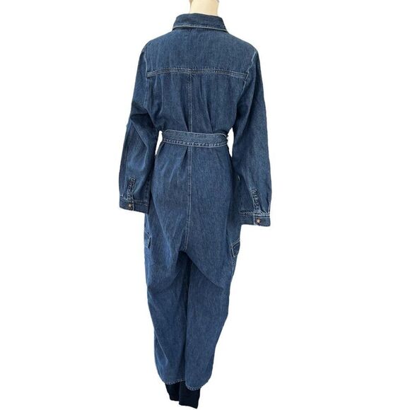 Boyish by Her Troy Denim Belted Cargo Pocket Button Front Jumpsuit Size Medium - Picture 4 of 8